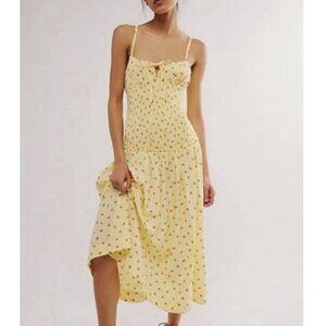 FREE PEOPLE Lavender Daze Smocked Midi Dress in Strawberry Lemon Combo